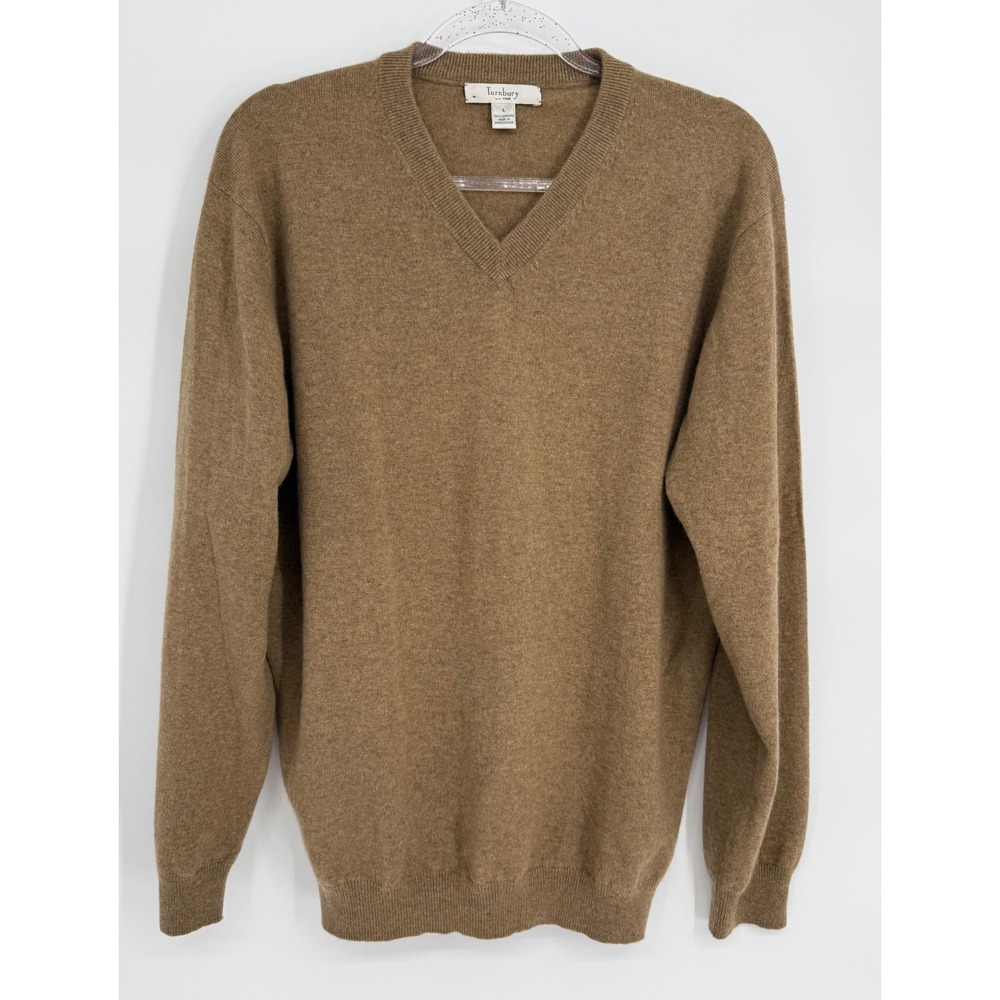 Turnbury Mens V-Neck Sweater Camel Brown 100% Cashmere Sz L Long Sleeve Ribbed
